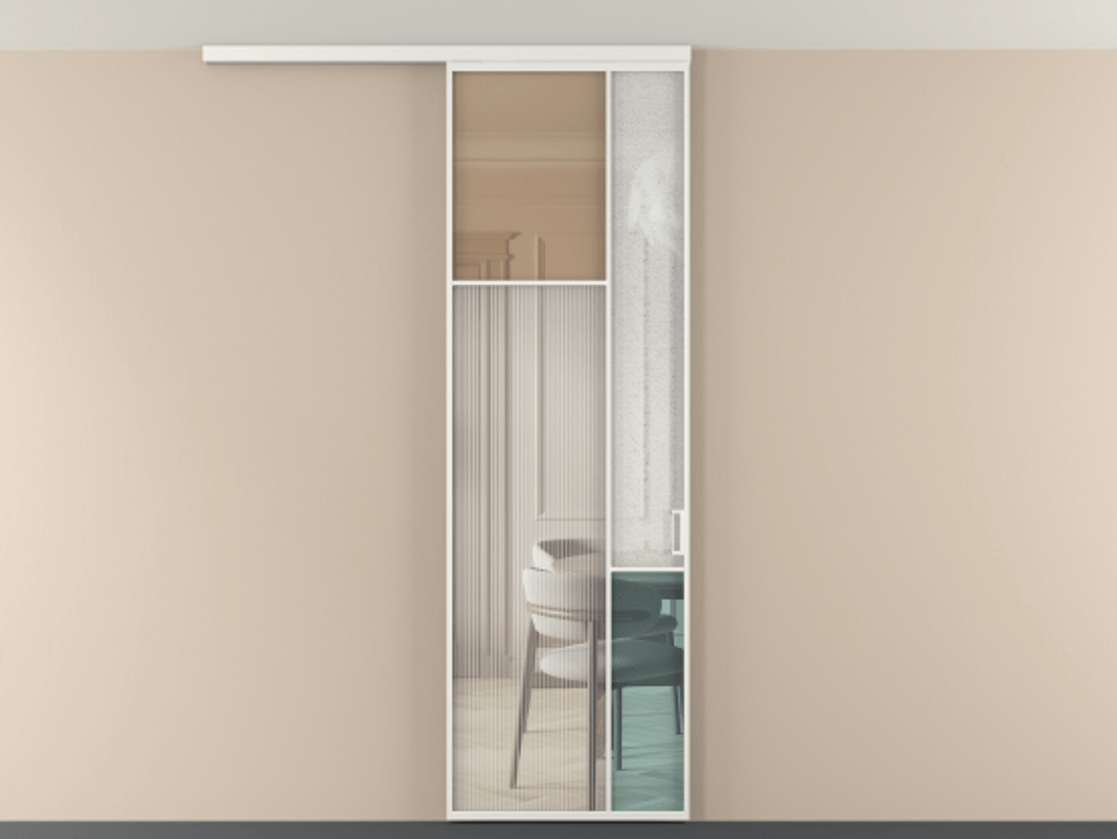 Перегородка Мозаик вдоль стены на потолок 1 створка АЛПР 041.10 Алюминий светло-серый Комбинация стекол Группы 1 и Группы 3 Цена 141040 ₽ | Volhovec