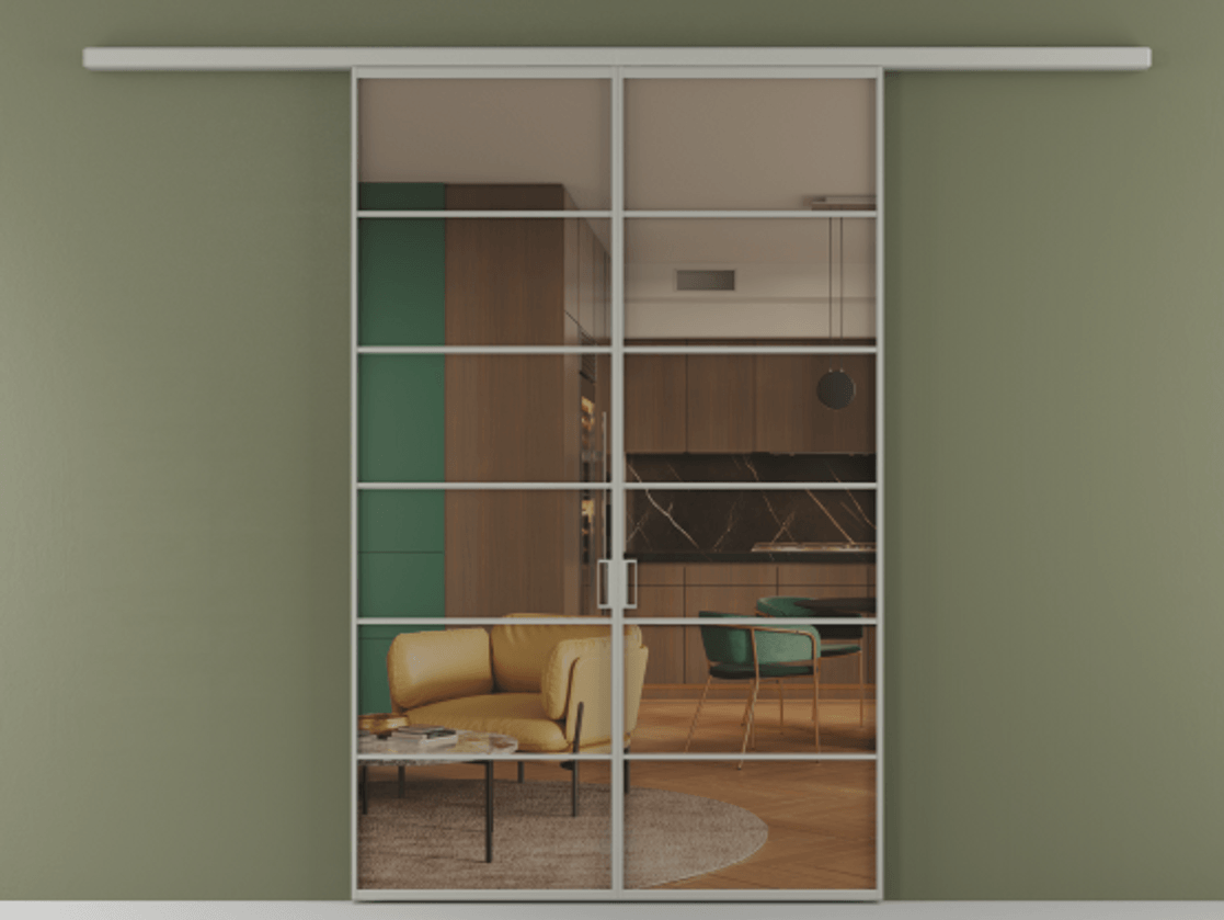 Перегородка Формато вдоль стены 2 створки АЛПР 040.04 Алюминий нейтральный серый Прозрачное бронзовое стекло, триплекс Цена 207150 ₽ | Volhovec