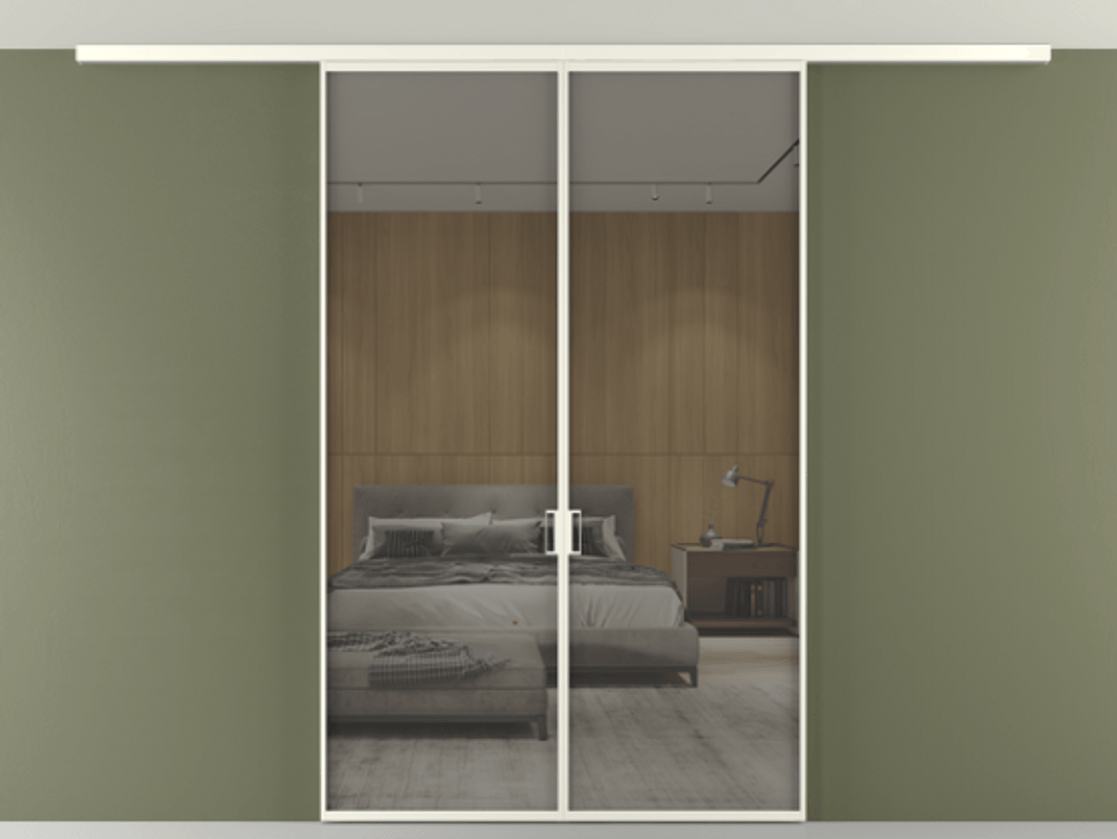 Перегородка Формато вдоль стены на потолок 2 створки АЛПР 040.01 Алюминий жемчужный Рефлективное серое стекло "Стопсол", калёное Цена 232040 ₽ | Volhovec