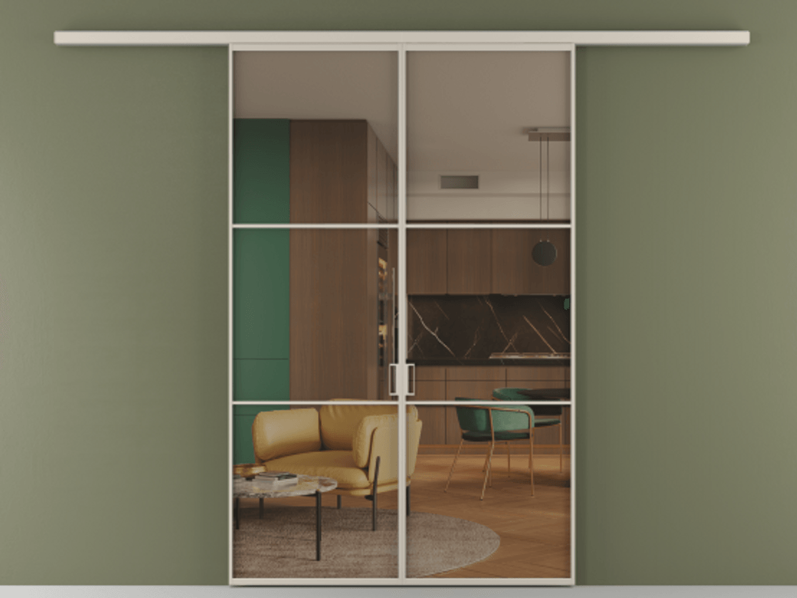 Перегородка Формато вдоль стены 2 створки АЛПР 040.03 Алюминий светло-бежевый Прозрачное бронзовое стекло, триплекс Цена 195450 ₽ | Volhovec