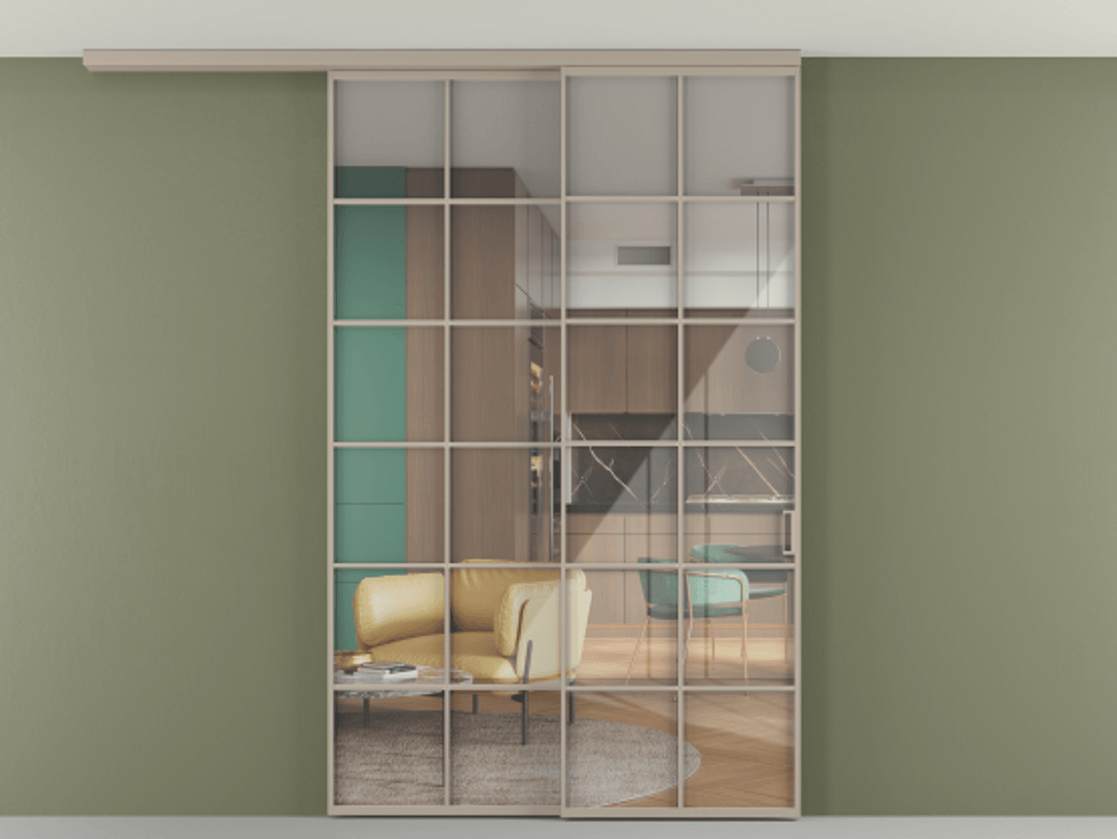 Перегородка Формато вдоль стены на потолок 2 створки с синхронным механизмом АЛПР 040.05 Алюминий бисквитный Рефлективное прозрачное стекло "Стопсол", калёное Цена 304504 ₽ | Volhovec