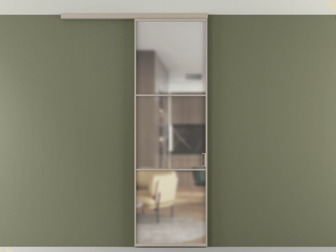 Перегородка Формато вдоль стены на потолок 1 створка АЛПР 040.03 Алюминий бисквитный Сатинированное стекло "Мателюкс Кристал Вижн", калёное, матовое, каленое 6 мм Цена 107388 ₽ | Volhovec