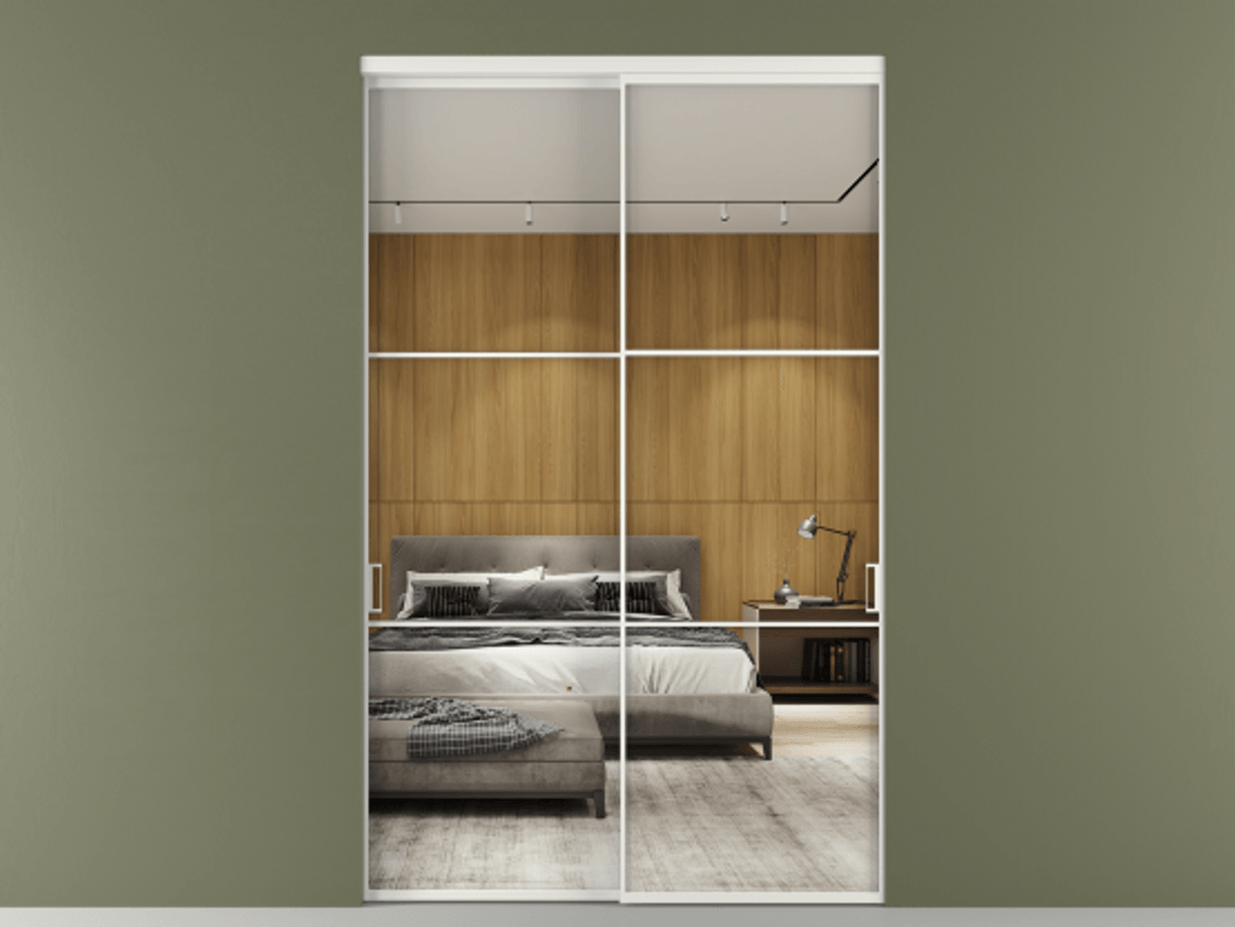 Перегородка Формато внутри проёма 2 створки АЛПР 040.03 Алюминий светло-серый Двустороннее зеркало, триплекс , триплекс 6 мм Цена 424750 ₽  | Volhovec