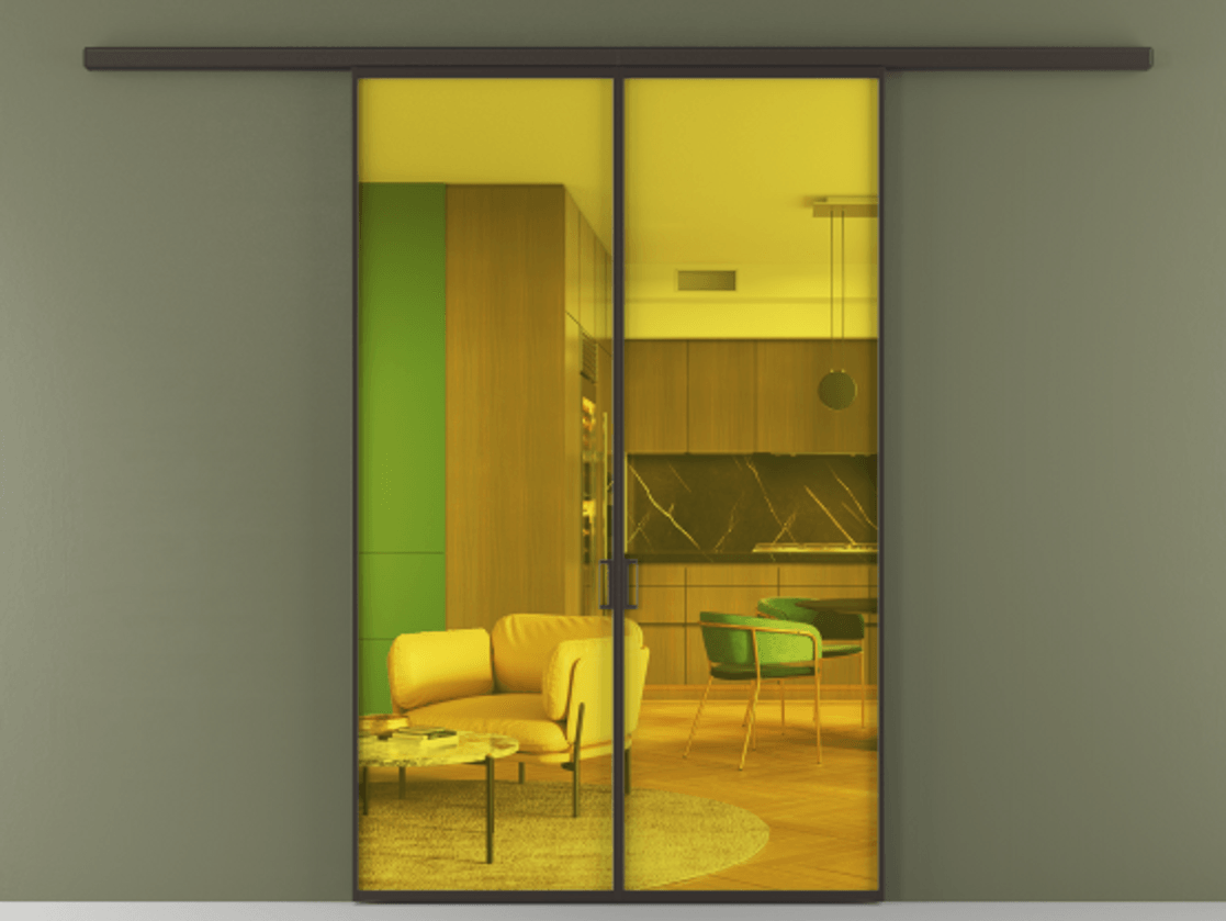 Перегородка Formato вдоль стены 2 створки АЛПР 040.01 Алюминий антрацит Прозрачное жёлтое стекло, триплекс Цена 222200 ₽ | Volhovec