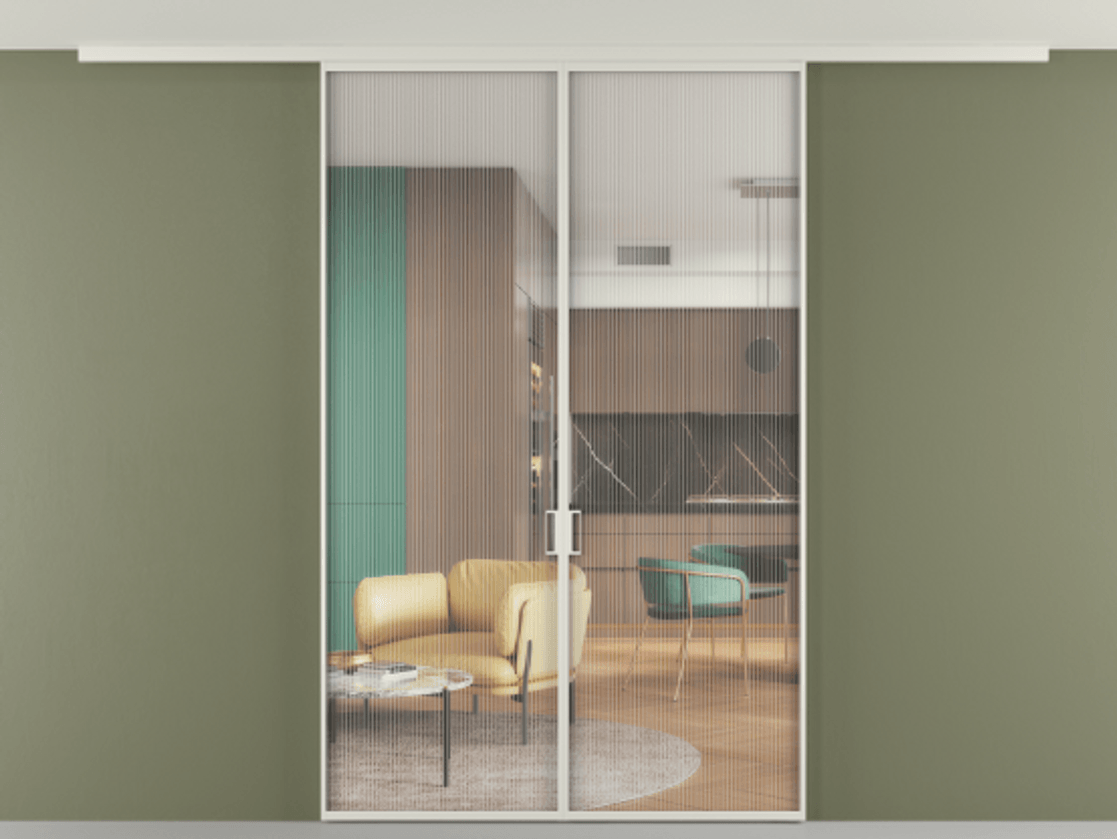 Перегородка Формато вдоль стены на потолок 2 створки АЛПР 040.01 Алюминий Белый Рифлёное стекло "Мору", триплекс Цена 182995 ₽ | Volhovec