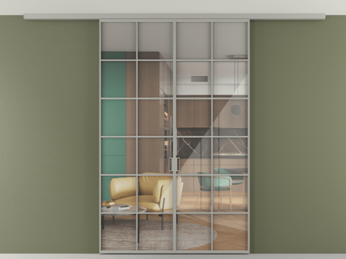 Перегородка Формато вдоль стены на потолок 2 створки АЛПР 040.05 Алюминий нейтральный серый Рефлективное прозрачное стекло "Стопсол", калёное Цена 221404 ₽ | Volhovec