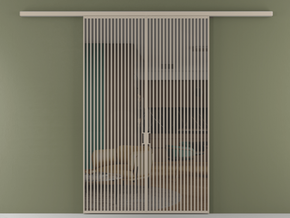 Перегородка Formato вдоль стены 2 створки АЛПР 040.06 Алюминий бисквитный Прозрачное серое стекло, триплекс Цена 429000 ₽ | Volhovec