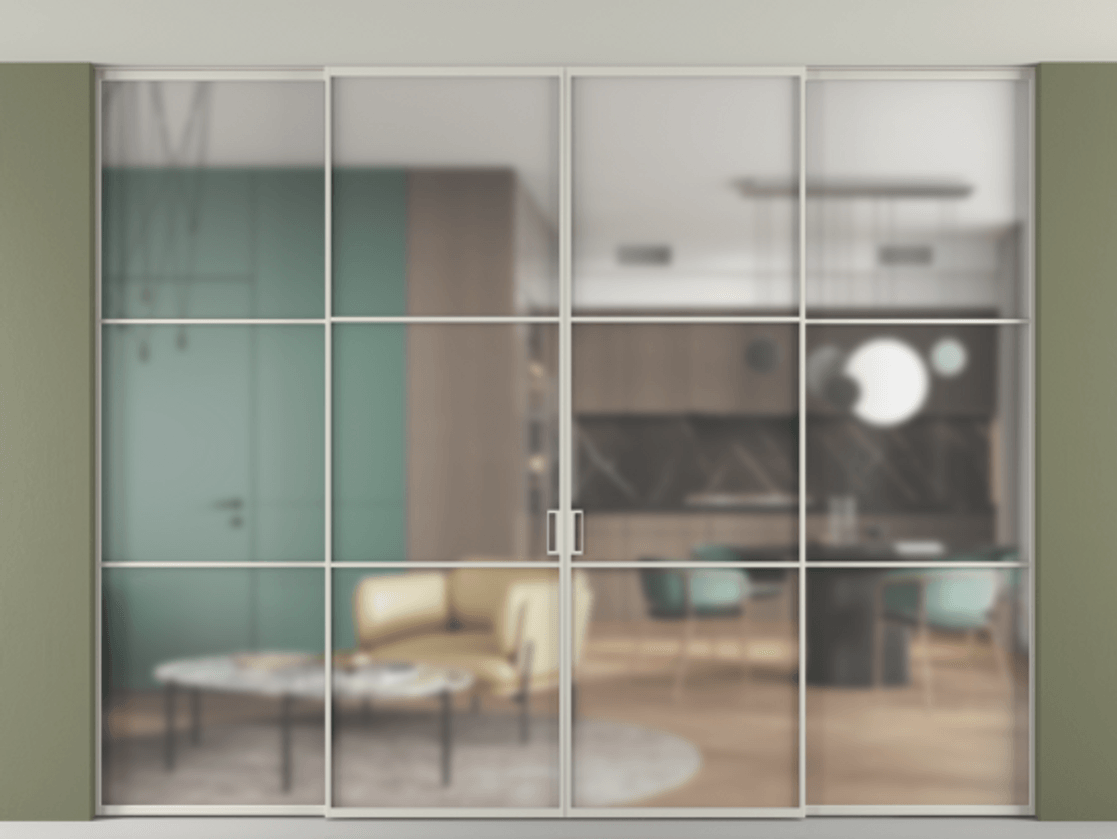 Перегородка Formato внутри проёма скрытое крепление в потолок 4 створки АЛПР 040.03 Алюминий тёплый серый Сатинированное стекло "Мателюкс Кристал Вижн", калёное, матовое, каленое 6 мм Цена 555140 ₽ | Volhovec