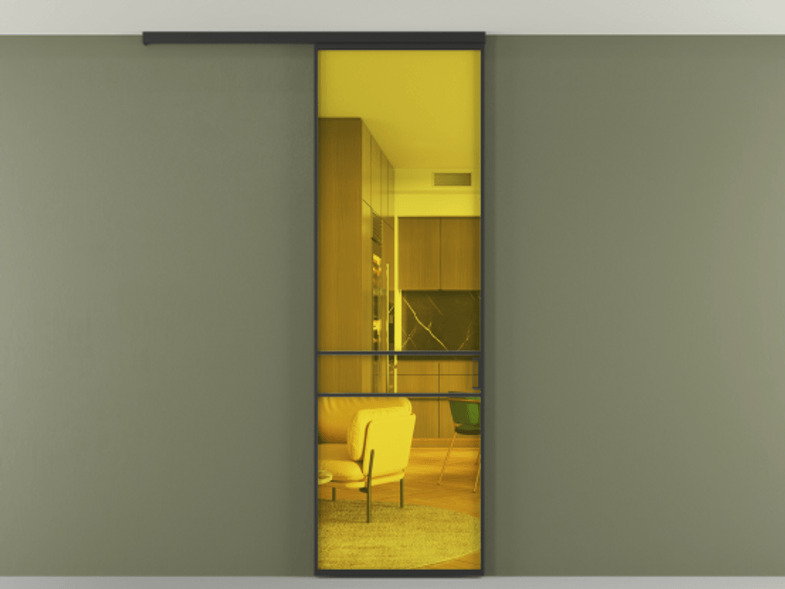 Перегородка Formato вдоль стены на потолок 1 створка АЛПР 040.02 Алюминий Черный Прозрачное жёлтое стекло, триплекс Цена 97120 ₽ | Volhovec