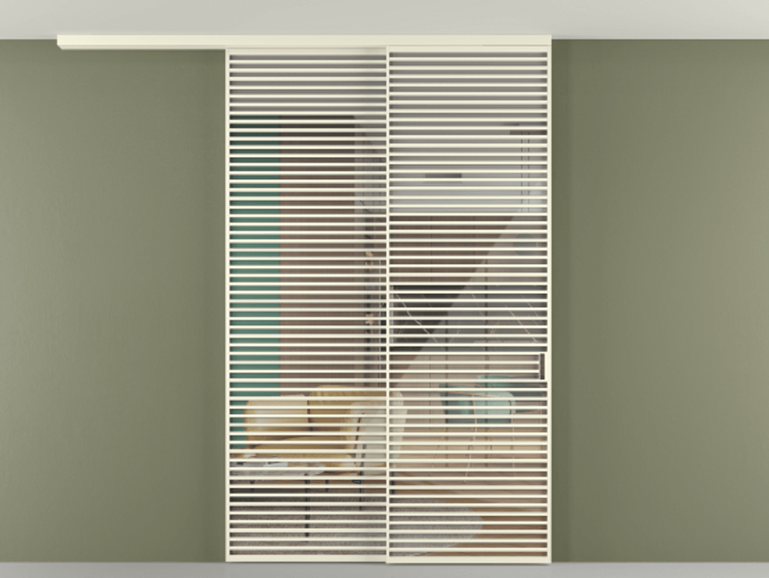 Перегородка Формато вдоль стены на потолок 2 створки с синхронным механизмом АЛПР 040.07 Алюминий молочно-белый Рефлективное прозрачное стекло "Стопсол", калёное Цена 463256 ₽ | Volhovec