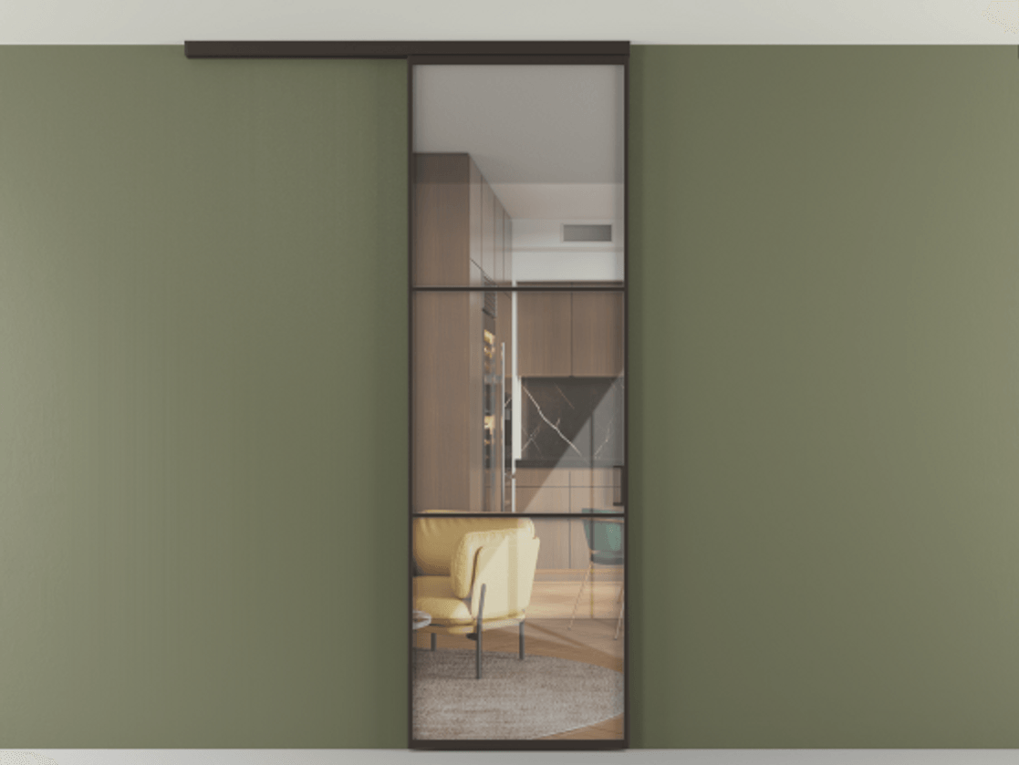 Перегородка Формато вдоль стены на потолок 1 створка АЛПР 040.03 Алюминий антрацит Рефлективное прозрачное стекло "Стопсол", калёное Цена 107388 ₽ | Volhovec