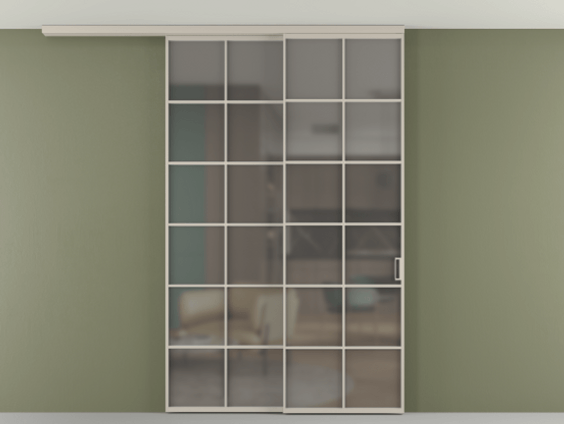 Перегородка Формато вдоль стены на потолок 2 створки с синхронным механизмом АЛПР 040.05 Алюминий светло-бежевый Сатинированное серое стекло, триплекс Цена 291704 ₽ | Volhovec