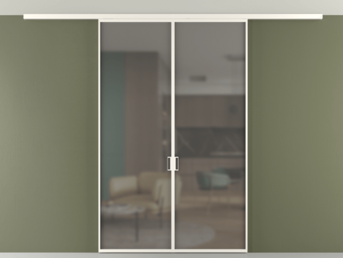 Перегородка Формато вдоль стены на потолок 2 створки АЛПР 040.01 Алюминий пудровый белый Сатинированное серое стекло, триплекс Цена 177705 ₽ | Volhovec