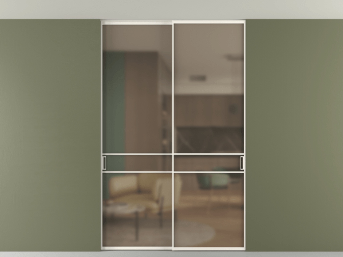 Перегородка Формато внутри проёма скрытое крепление в потолок 2 створки АЛПР 040.02 Алюминий пудровый белый Сатинированное бронзовое стекло, триплекс Цена 273040 ₽ | Volhovec