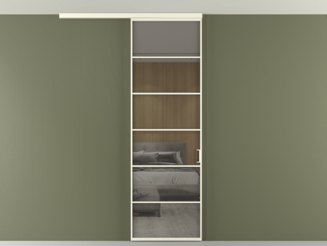 Перегородка Формато вдоль стены на потолок 1 створка АЛПР 040.04 Алюминий молочно-белый Рефлективное серое стекло "Стопсол", калёное Цена 114252 ₽ | Volhovec