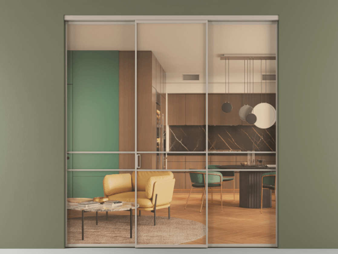 Перегородка Формато внутри проёма 3 створки АЛПР 040.02 Алюминий бисквитный Прозрачное оранжевое стекло, триплекс Цена 237275 ₽ | Volhovec