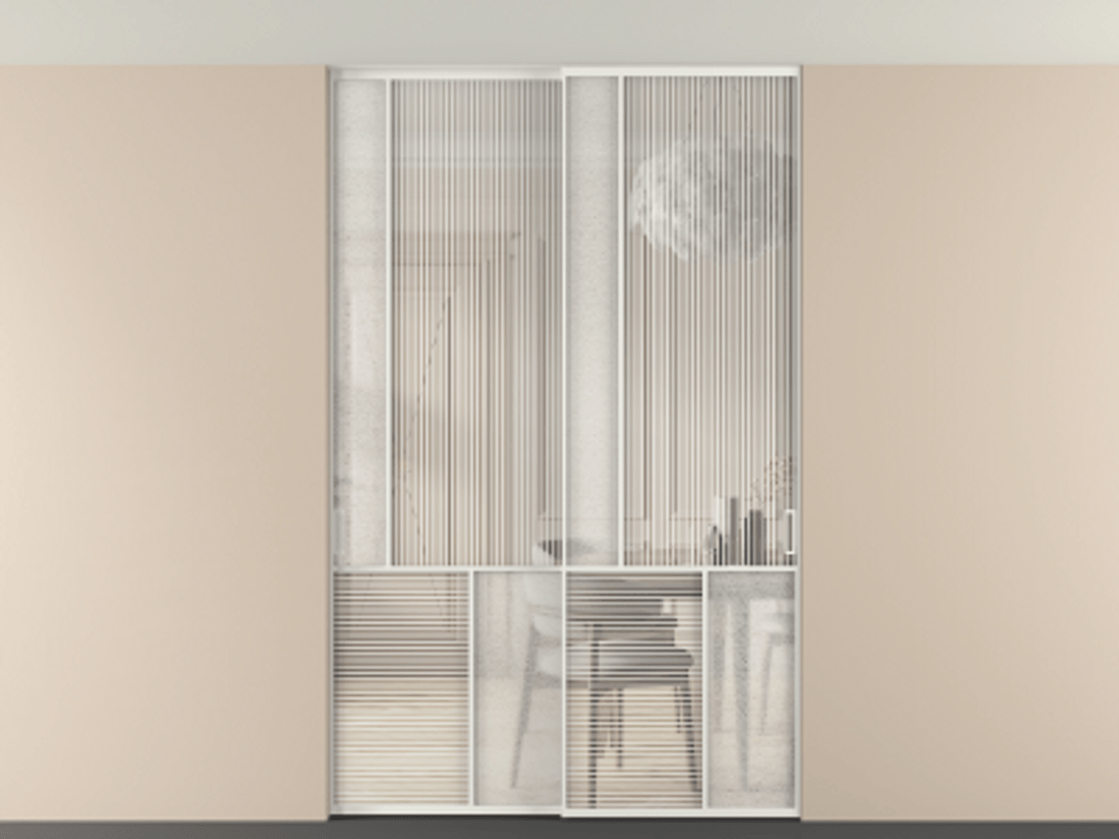 Перегородка Мозаик внутри проёма скрытое крепление в потолок 2 створки АЛПР 041.20 Алюминий светло-серый Рифлёное стекло "Дюна", триплекс, 6 мм + Фактурное стекло "Лёд", триплекс Цена 340580 ₽ | Volhovec