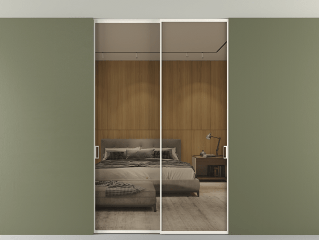 Перегородка Формато внутри проёма скрытое крепление в потолок 2 створки АЛПР 040.01 Алюминий пудровый белый Рефлективное бронзовое стекло "Стопсол", калёное Цена 293640 ₽ | Volhovec