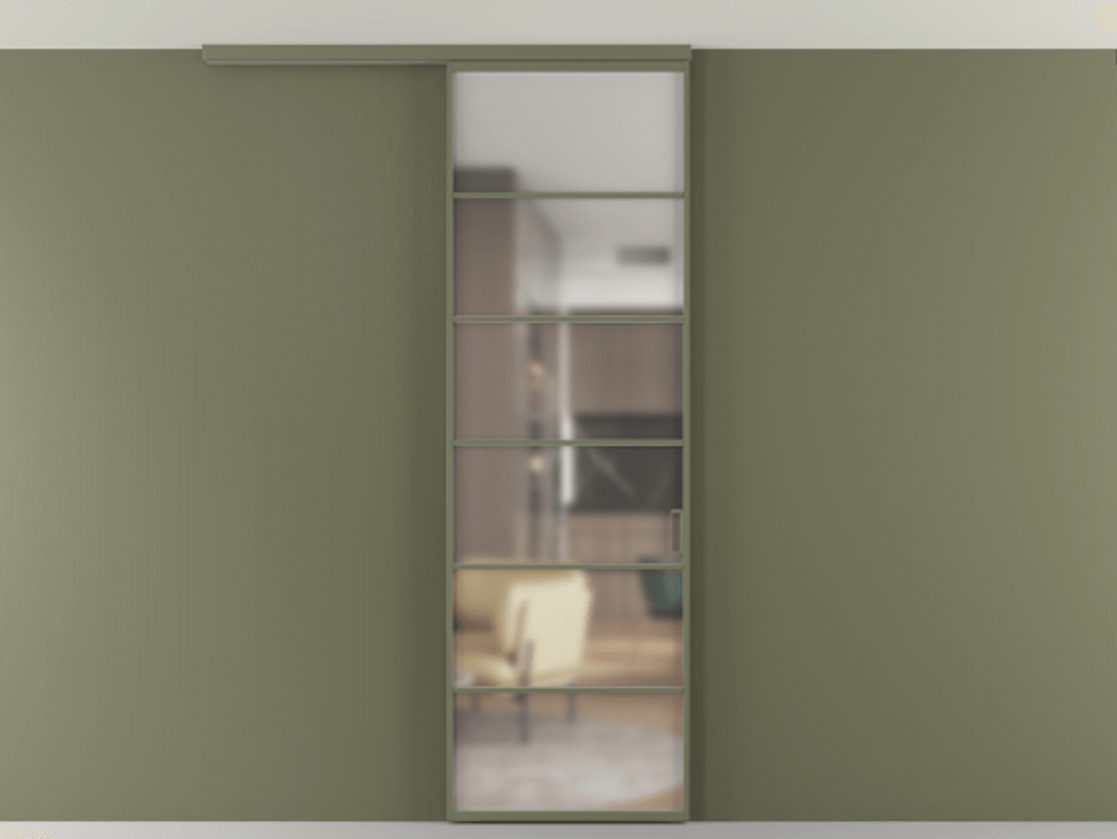 Перегородка Формато вдоль стены на потолок 1 створка АЛПР 040.04 Алюминий оливковый тёмный Сатинированное стекло "Мателюкс Кристал Вижн", калёное, матовое, каленое 6 мм Цена 114252 ₽ | Volhovec