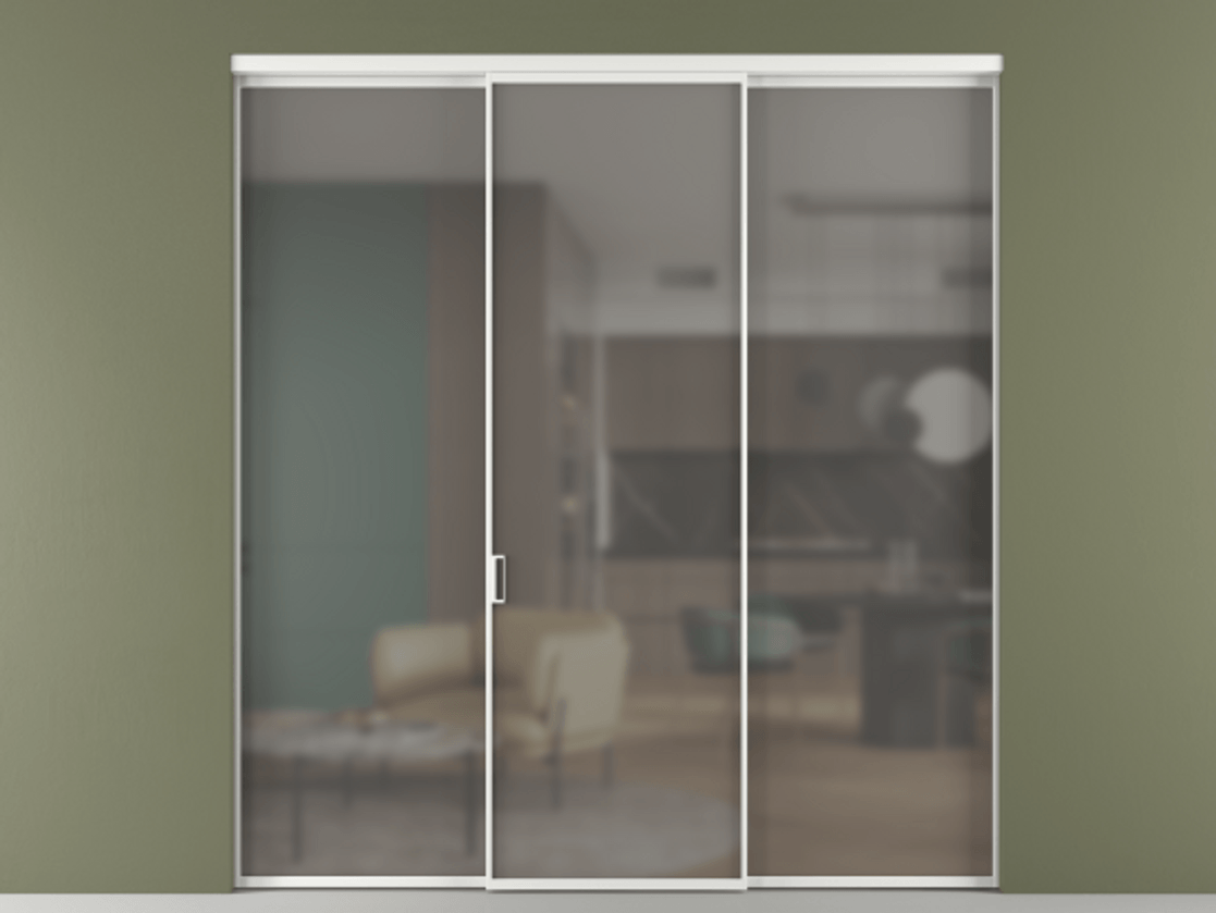 Перегородка Формато внутри проёма 3 створки АЛПР 040.01 Алюминий белоснежный Сатинированное серое стекло, триплекс Цена 225125 ₽ | Volhovec