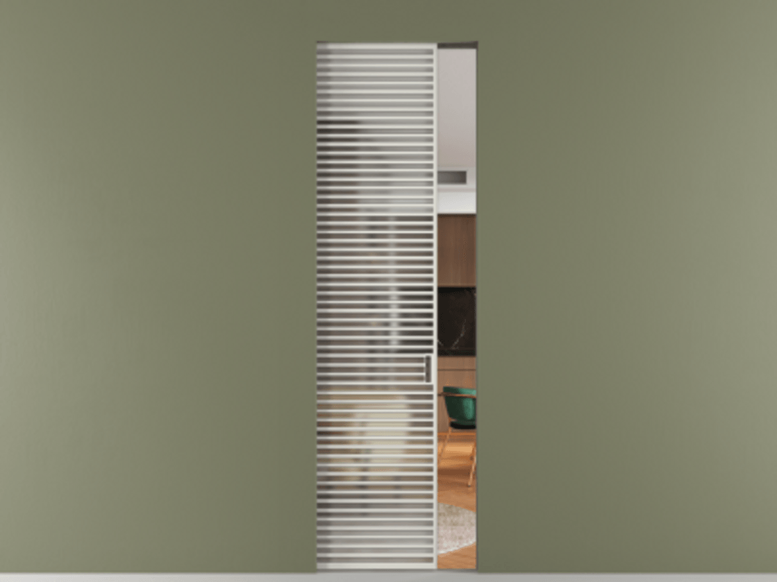 Перегородка Формато скрытый пенал 1 створка АЛПР 040.07 Алюминий Белый Сатинированное стекло "Мателюкс Кристал Вижн", калёное, матовое, каленое 6 мм Цена 138240 ₽ | Volhovec