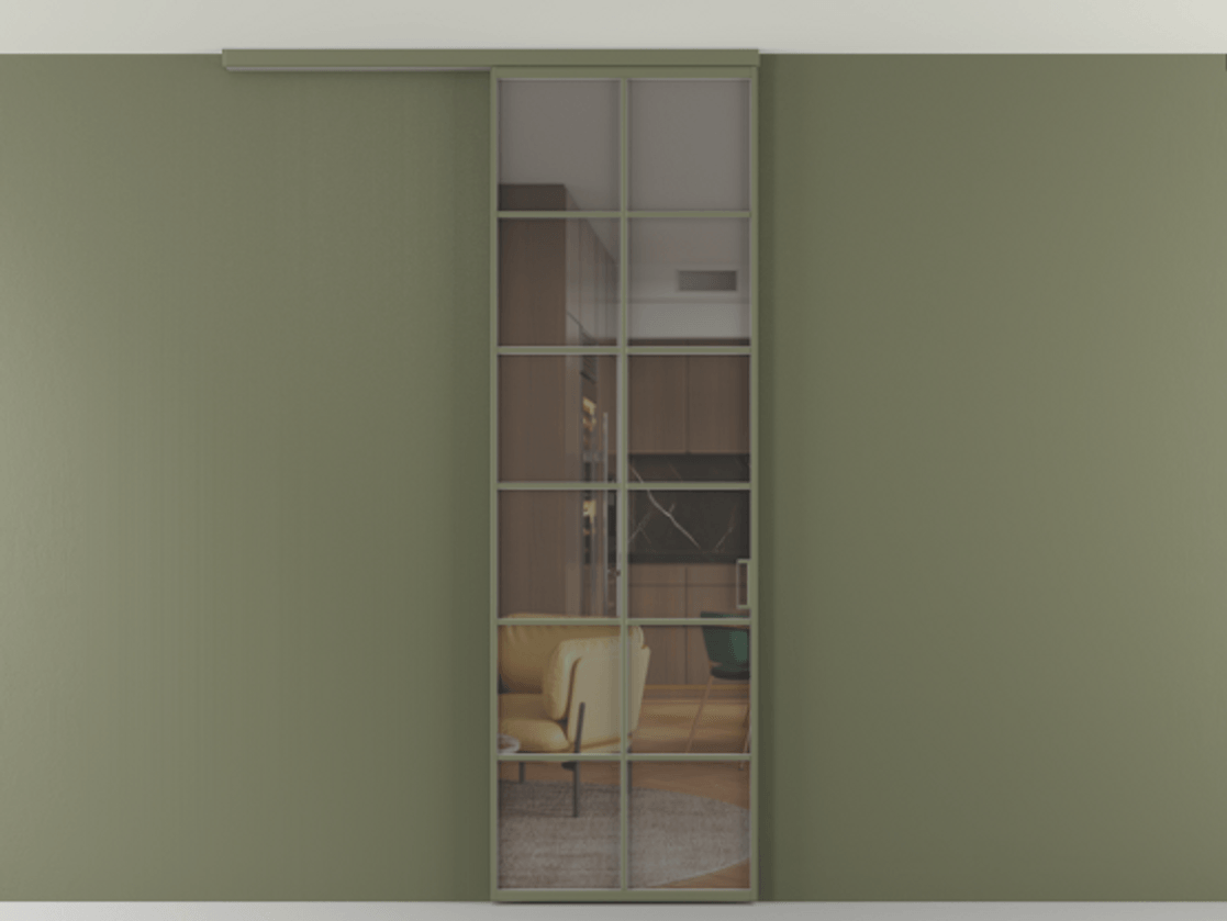 Перегородка Формато вдоль стены на потолок 1 створка АЛПР 040.05 Алюминий оливковый тёмный Прозрачное серое стекло, триплекс Цена 107852 ₽ | Volhovec