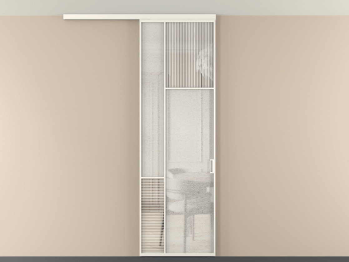 Перегородка Мозаик вдоль стены на потолок 1 створка АЛПР 041.11 Алюминий пудровый белый Рифлёное стекло "Дюна", триплекс, 6 мм + Фактурное стекло "Лёд", триплекс Цена 143040 ₽ | Volhovec