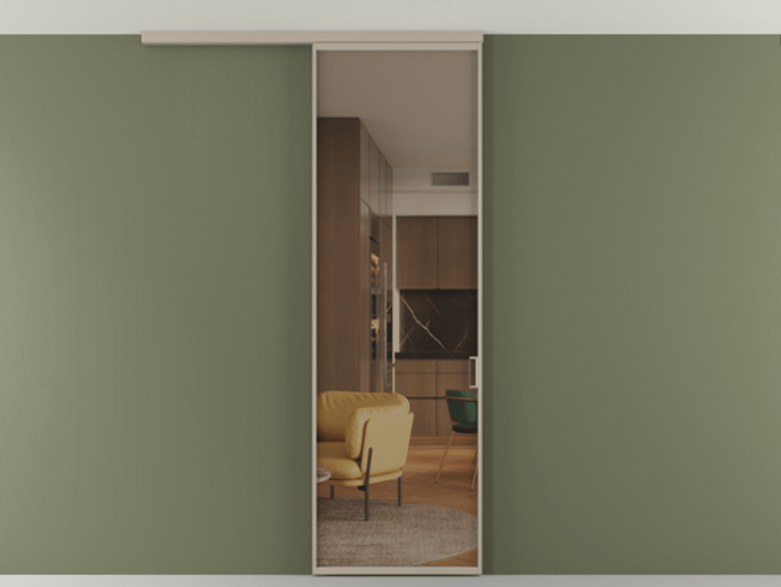 Перегородка Формато вдоль стены на потолок 1 створка АЛПР 040.01 Алюминий бисквитный Прозрачное бронзовое стекло, триплекс Цена 92403 ₽ | Volhovec