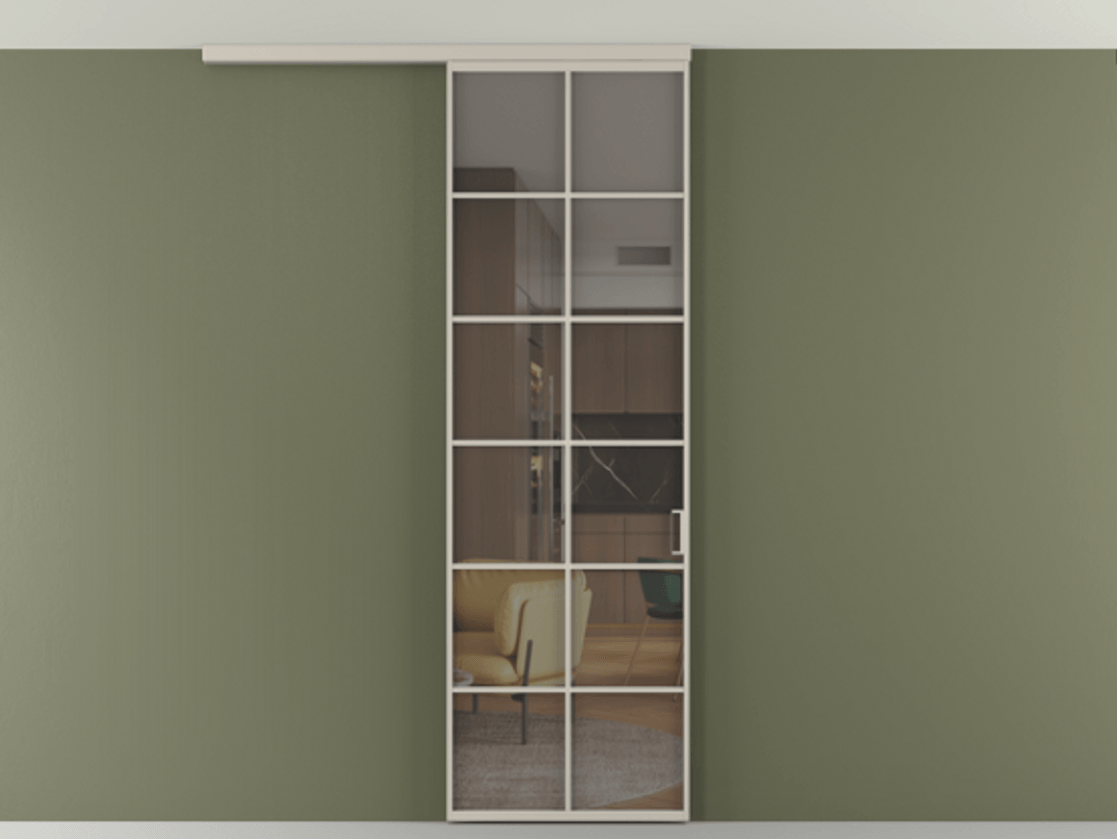 Перегородка Формато вдоль стены на потолок 1 створка АЛПР 040.05 Алюминий светло-бежевый Прозрачное серое стекло, триплекс Цена 107852 ₽ | Volhovec