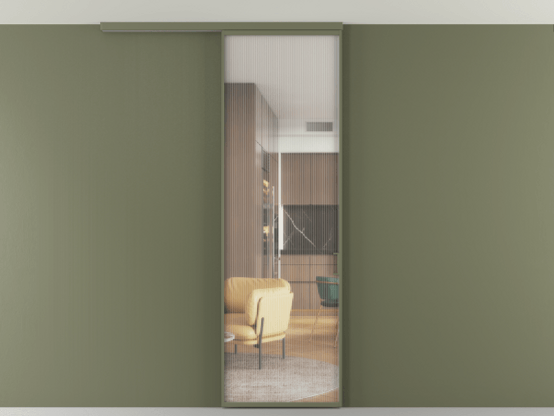 Перегородка Формато вдоль стены на потолок 1 створка АЛПР 040.01 Алюминий оливковый тёмный Рифлёное стекло "Мору", триплекс Цена 102636 ₽ | Volhovec