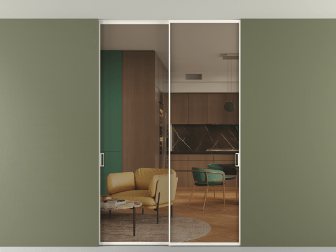 Перегородка Формато внутри проёма скрытое крепление в потолок 2 створки АЛПР 040.01 Алюминий пудровый белый Прозрачное бронзовое стекло, триплекс Цена 239305 ₽ | Volhovec