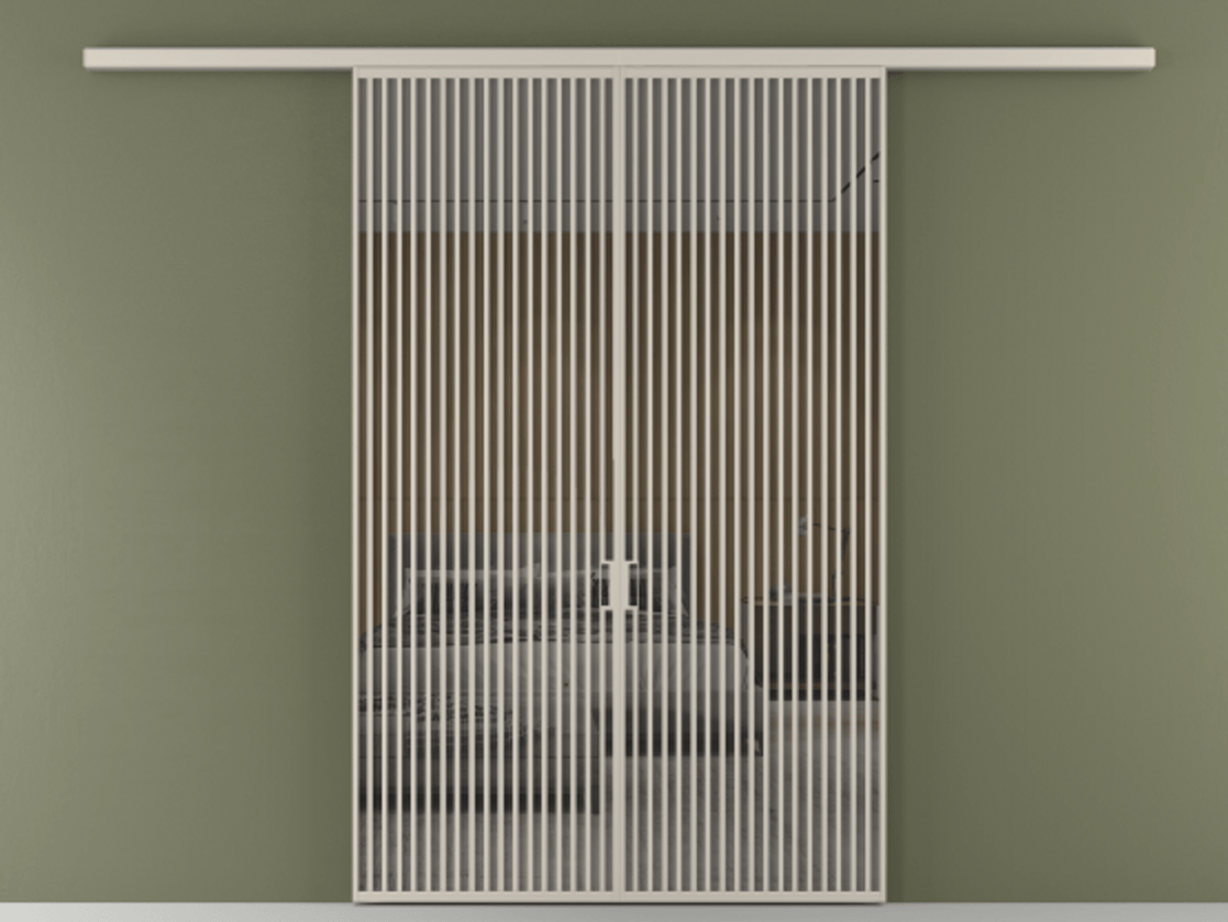 Перегородка Formato вдоль стены 2 створки АЛПР 040.06 Алюминий светло-бежевый Рефлективное серое стекло "Stopsol", калёное Цена 445000 ₽ | Volhovec