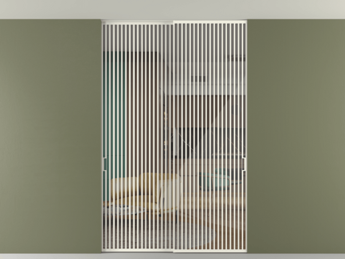 Перегородка Формато внутри проёма скрытое крепление в потолок 2 створки АЛПР 040.06 Алюминий жемчужный Рефлективное прозрачное стекло "Стопсол", калёное Цена 521120 ₽ | Volhovec