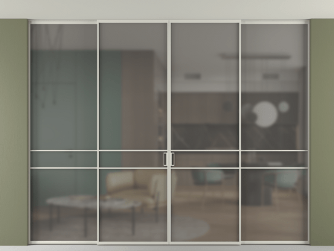 Перегородка Формато внутри проёма скрытое крепление в потолок 4 створки АЛПР 040.02 Алюминий тёплый серый Сатинированное серое стекло, триплекс Цена 440530 ₽ | Volhovec
