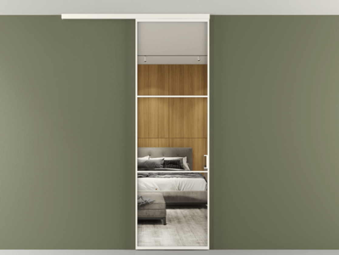 Перегородка Формато вдоль стены на потолок 1 створка АЛПР 040.03 Алюминий пудровый белый Двустороннее зеркало, триплекс , триплекс 6 мм Цена 96858 ₽ | Volhovec