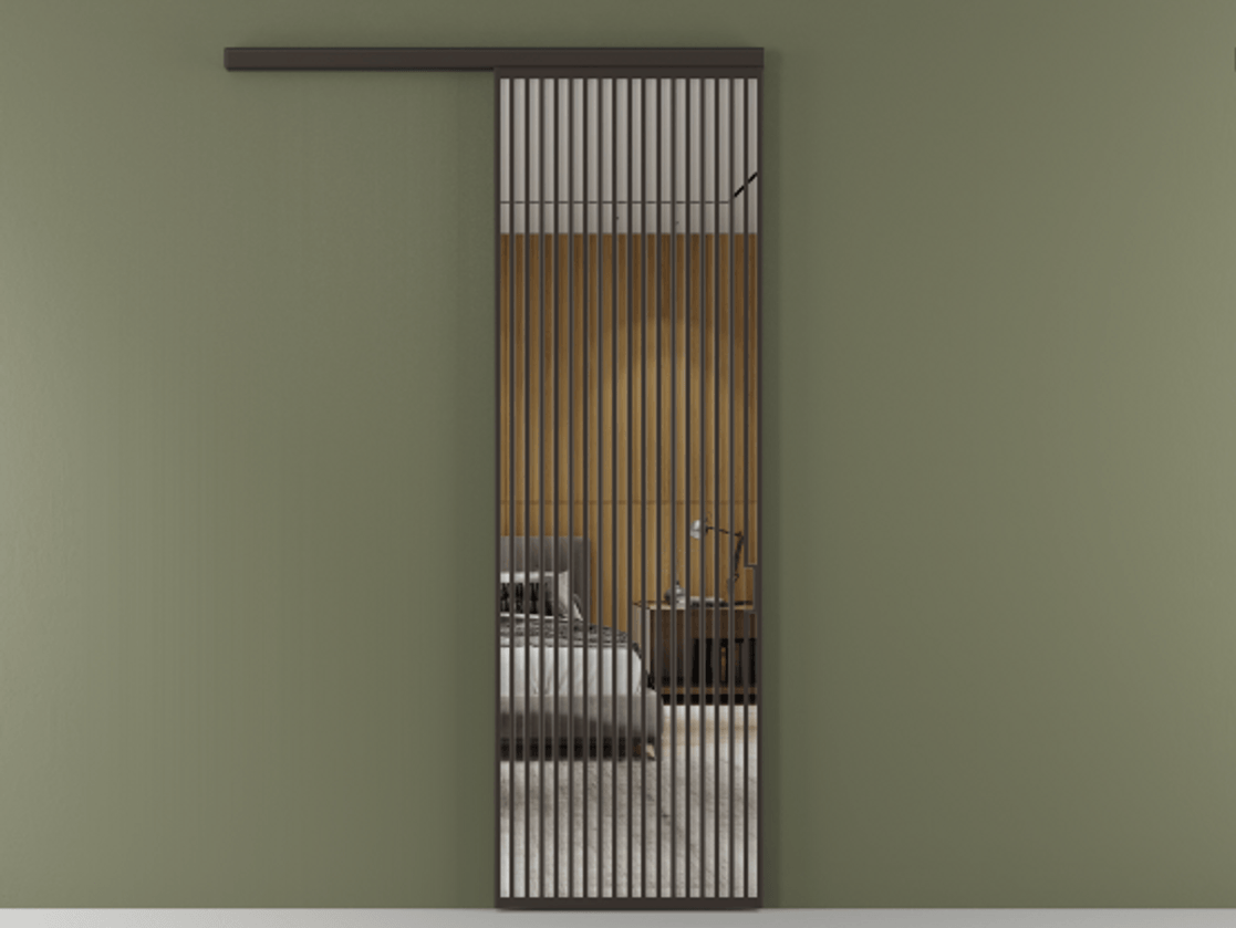 Перегородка Формато вдоль стены 1 створка АЛПР 040.06 Алюминий антрацит Двустороннее зеркало, триплекс , триплекс 6 мм Цена 156000 ₽  | Volhovec