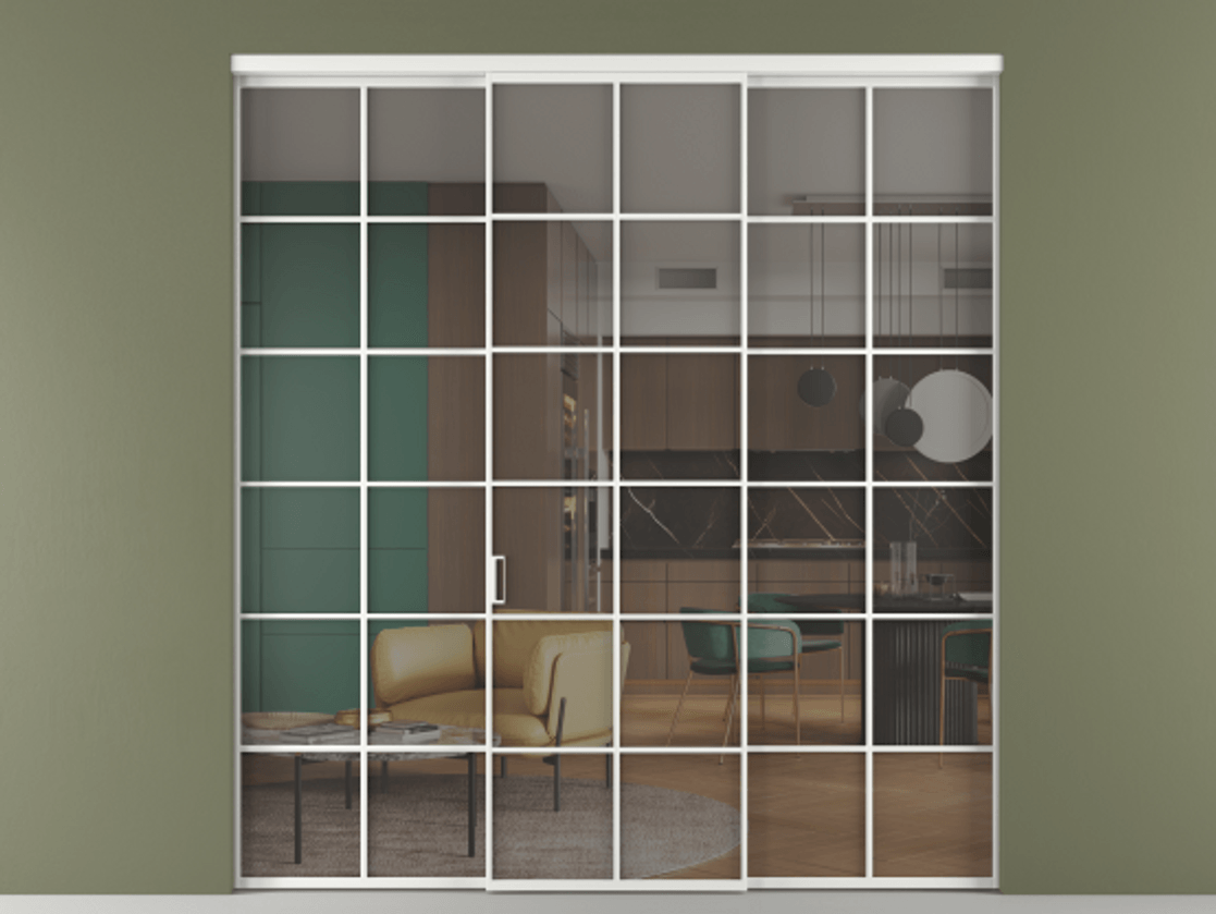 Перегородка Формато внутри проёма 3 створки АЛПР 040.05 Алюминий белоснежный Прозрачное серое стекло, триплекс Цена 254825 ₽ | Volhovec