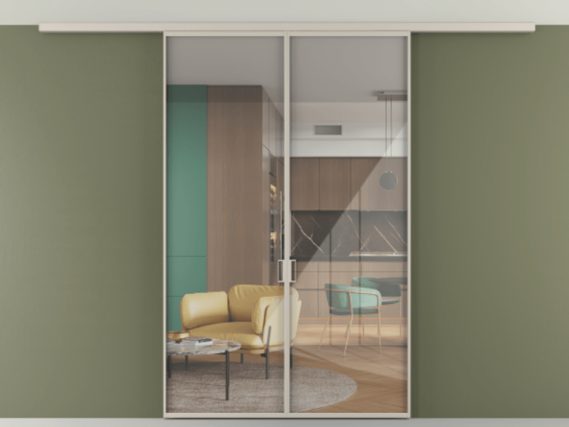 Перегородка Формато вдоль стены на потолок 2 створки АЛПР 040.01 Алюминий светло-бежевый Рефлективное прозрачное стекло "Стопсол", калёное Цена 198172 ₽ | Volhovec