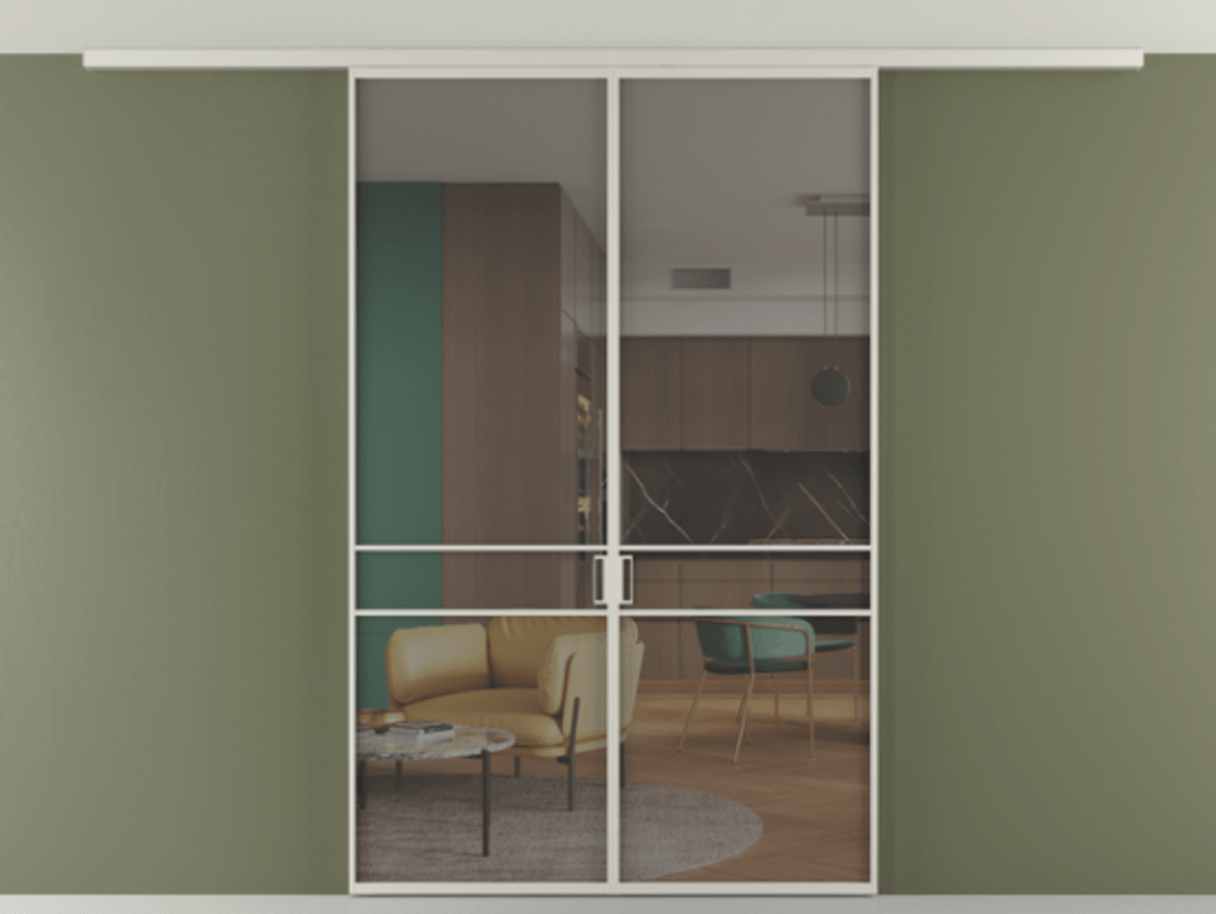 Перегородка Формато вдоль стены на потолок 2 створки АЛПР 040.02 Алюминий тёплый серый Прозрачное серое стекло, триплекс Цена 227920 ₽ | Volhovec