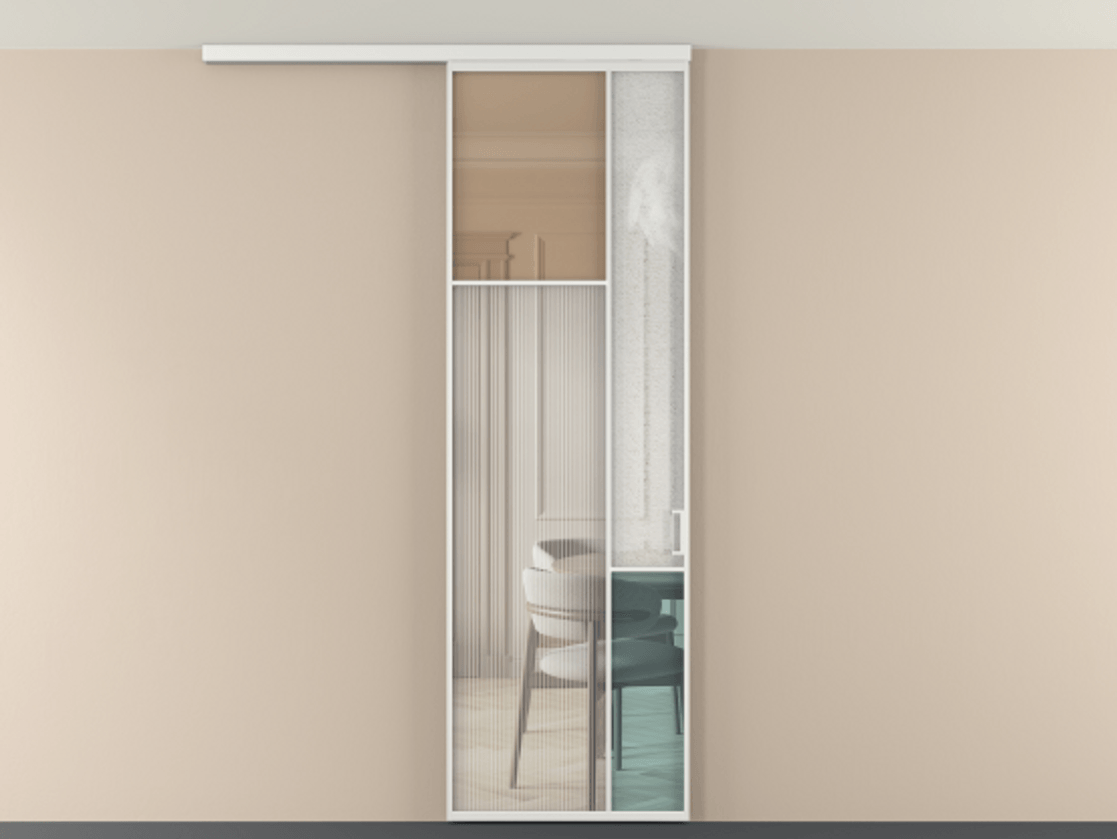 Перегородка Мозаик вдоль стены на потолок 1 створка АЛПР 041.10 Алюминий белоснежный Комбинация стекол Группы 1 и Группы 3 Цена 141040 ₽ | Volhovec