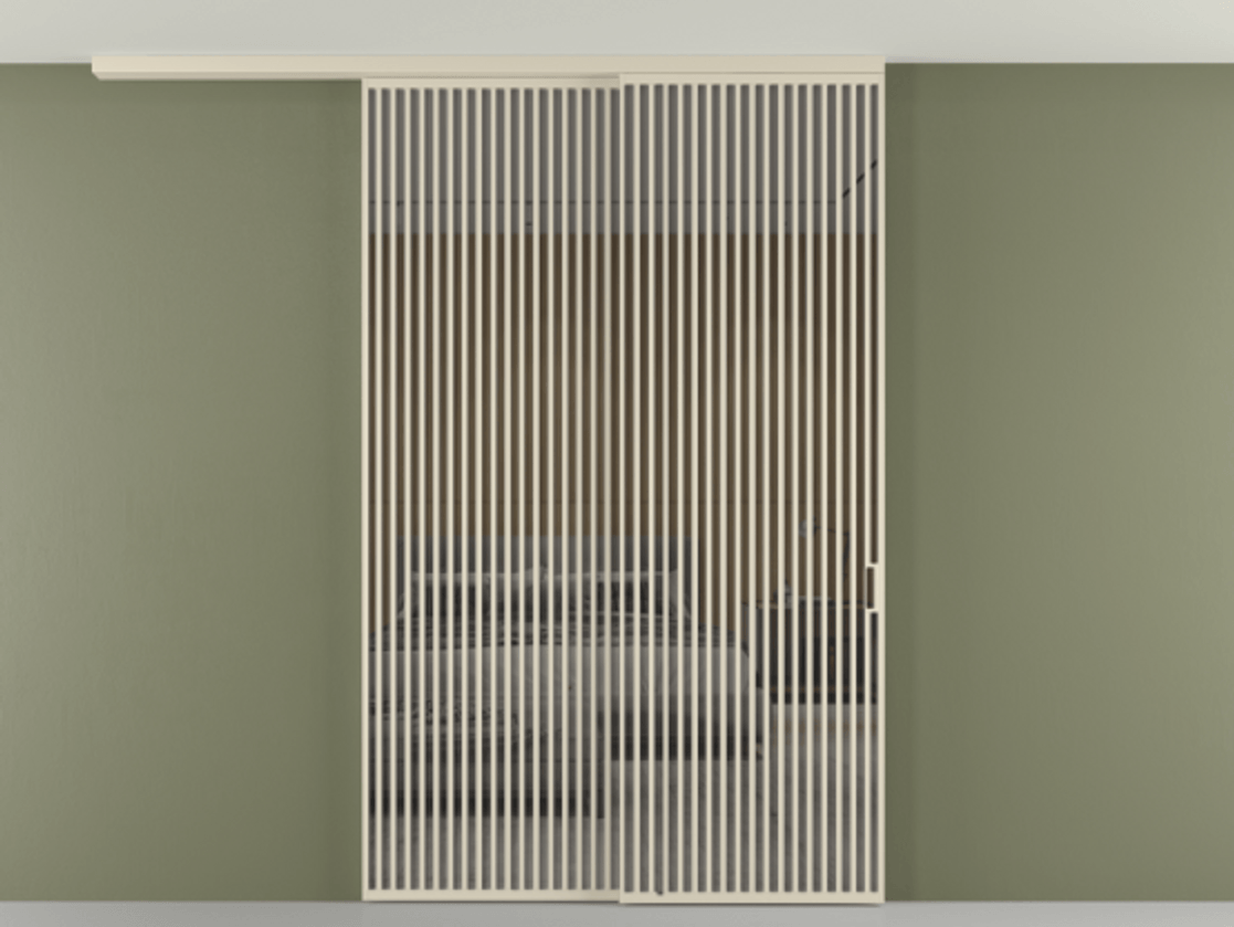 Перегородка Формато вдоль стены на потолок 2 створки с синхронным механизмом АЛПР 040.06 Алюминий бежево-серый Рефлективное серое стекло "Стопсол", калёное Цена 542620 ₽ | Volhovec