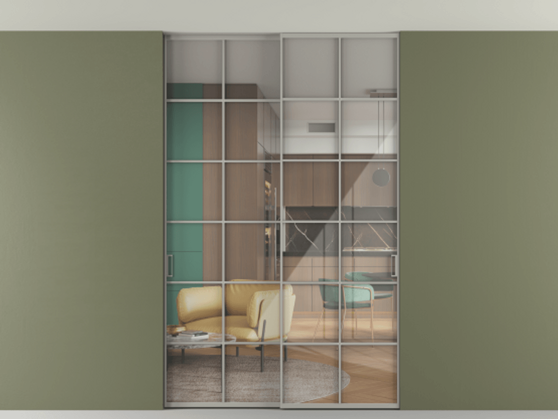 Перегородка Формато внутри проёма скрытое крепление в потолок 2 створки АЛПР 040.05 Алюминий нейтральный серый Рефлективное прозрачное стекло "Стопсол", калёное Цена 322680 ₽ | Volhovec