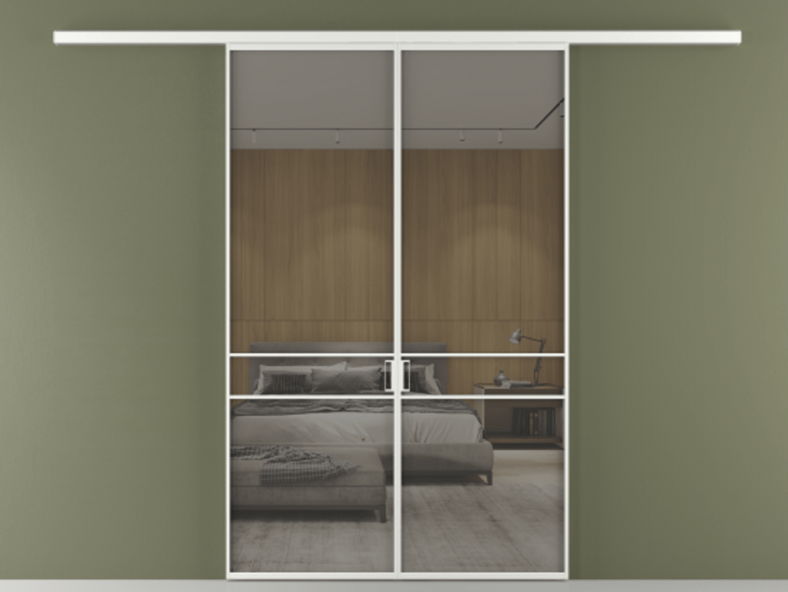 Перегородка Формато вдоль стены 2 створки АЛПР 040.02 Алюминий белоснежный Рефлективное серое стекло "Стопсол", калёное Цена 249000 ₽ | Volhovec