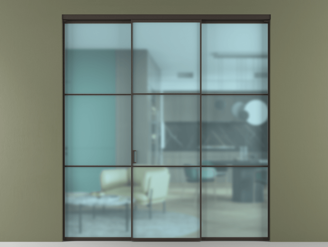 Перегородка Формато внутри проёма 3 створки АЛПР 040.03 Алюминий антрацит Сатинированное голубое стекло, триплекс Цена 237275 ₽ | Volhovec