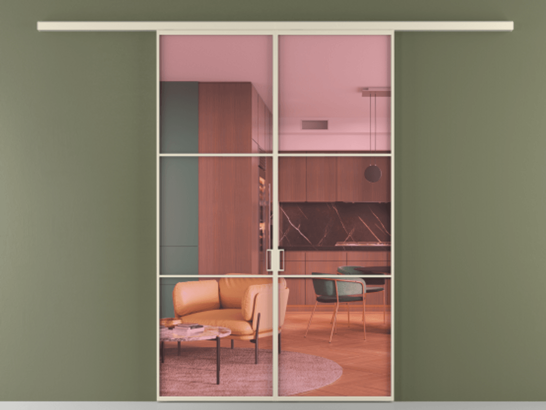 Перегородка Formato вдоль стены 2 створки АЛПР 040.03 Алюминий бежево-серый Прозрачное розовое стекло, триплекс Цена 195450 ₽ | Volhovec