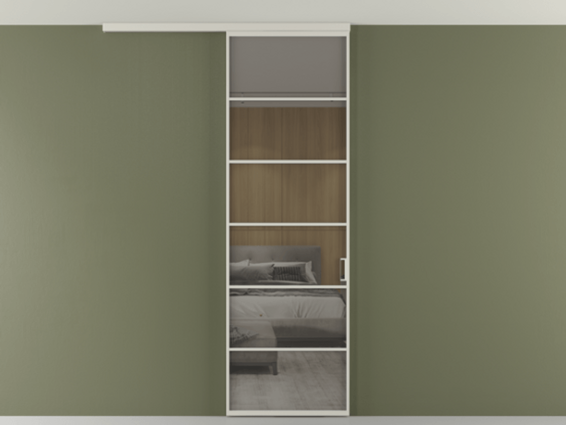 Перегородка Формато вдоль стены на потолок 1 створка АЛПР 040.04 Алюминий тёплый серый Рефлективное серое стекло "Стопсол", калёное Цена 134090 ₽ | Volhovec