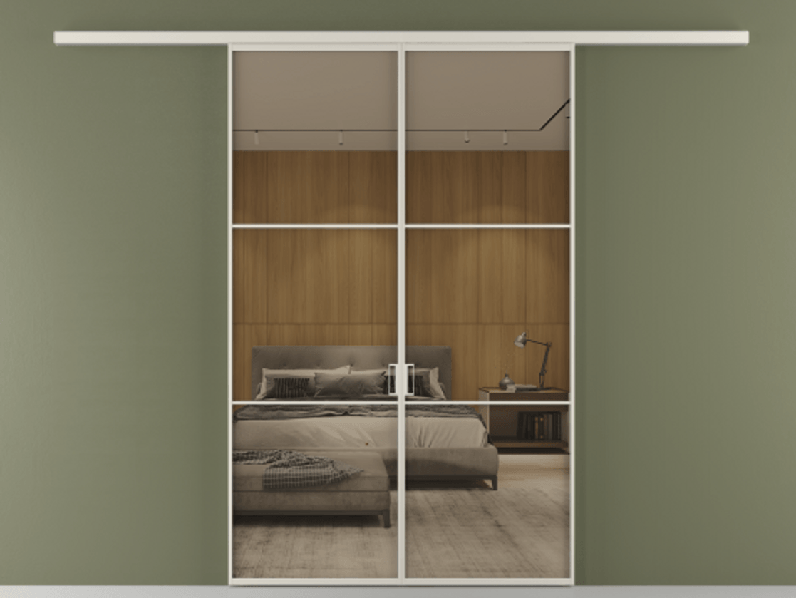 Перегородка Формато вдоль стены 2 створки АЛПР 040.03 Алюминий облачно-серый Рефлективное бронзовое стекло "Стопсол", калёное Цена 249000 ₽ | Volhovec