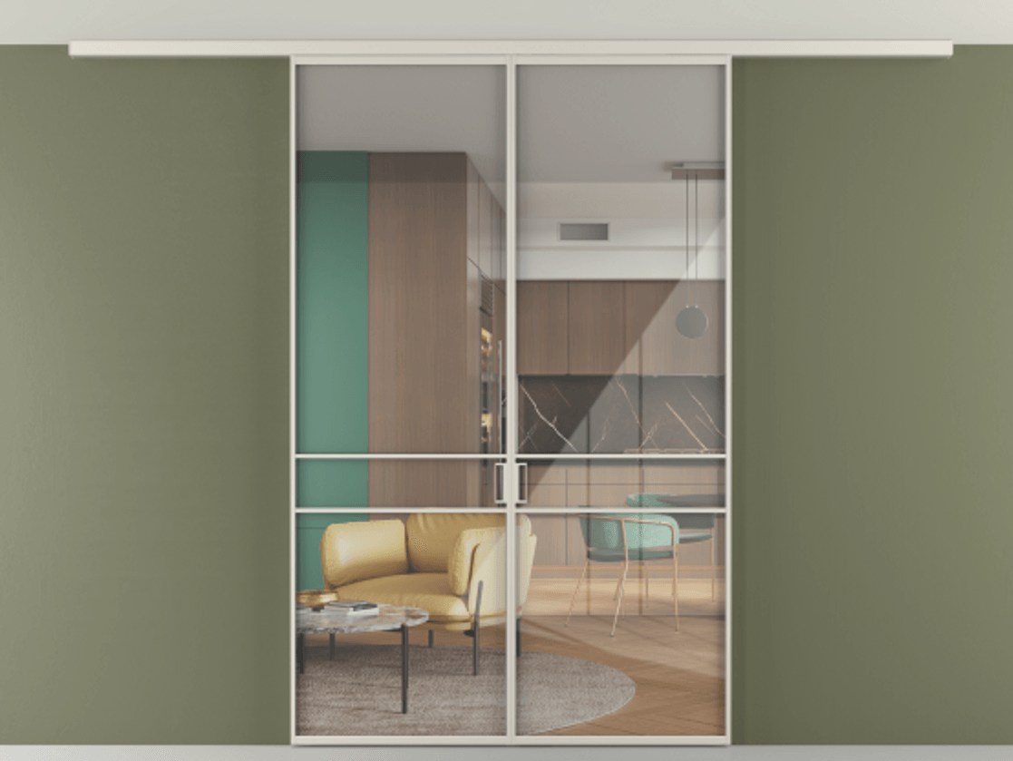 Перегородка Формато вдоль стены на потолок 2 створки АЛПР 040.02 Алюминий облачно-серый Рефлективное прозрачное стекло "Стопсол", калёное Цена 207676 ₽ | Volhovec