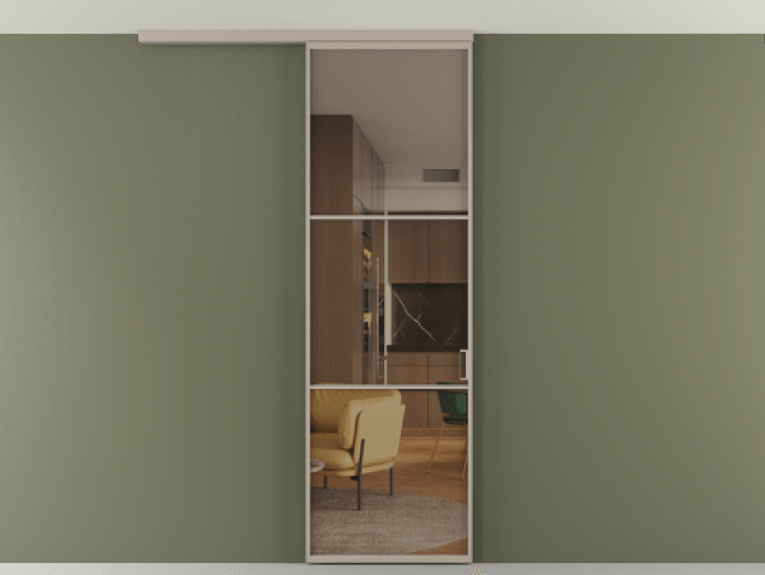 Перегородка Формато вдоль стены на потолок 1 створка АЛПР 040.03 Алюминий бисквитный Прозрачное бронзовое стекло, триплекс Цена 100988 ₽ | Volhovec