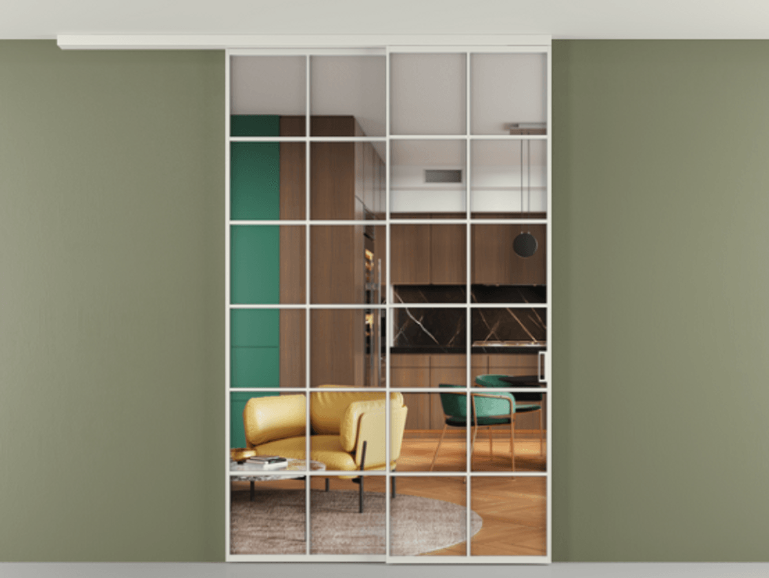 Перегородка Formato вдоль стены на потолок 2 створки с синхронным механизмом АЛПР 040.05 Алюминий серый Прозрачное стекло "Crystal Vision", калёное Цена 344180 ₽ | Volhovec